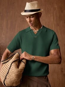 EASEVO 大尺碼男士純色 Polo 領短袖休閒針織上衣 Tropicoqueta - 橄欖綠 - 查看 3