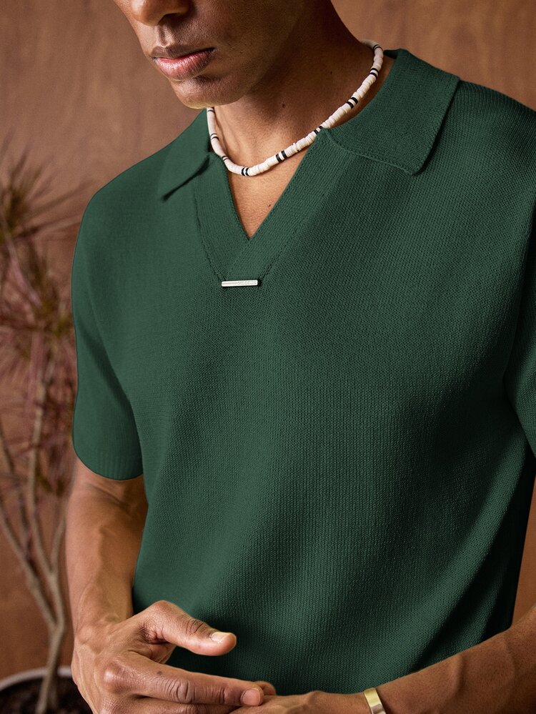 EASEVO Plus Size Men's Solid Color Polo Collar Short Sleeve Casual Knit Top Tropicoqueta - Olive Green - View 1