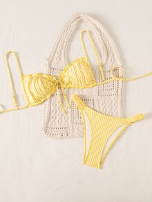 SHEIN Swim 春夏波點印花比基尼泳衣女款，性感海灘度假泳衣，雙肩帶設計 - 黃色 - 查看 6