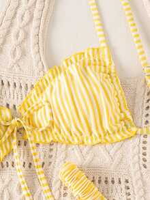 SHEIN Swim 春夏波點印花比基尼泳衣女款，性感海灘度假泳衣，雙肩帶設計 - 黃色 - 查看 4
