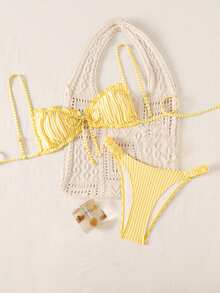 SHEIN Swim 春夏波點印花比基尼泳衣女款，性感海灘度假泳衣，雙肩帶設計 - 黃色 - 查看 3