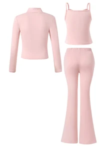 SHEIN Tween Girls Fall Outfits 3pcs/Set Girly Pink S Set, Stand Collar Jacket + Camisole + Flared Pants, Chic, Graduation, Layered, Gym - Pink - View 8