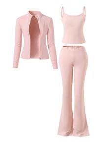 SHEIN Tween Girls Fall Outfits 3pcs/Set Girly Pink S Set, Stand Collar Jacket + Camisole + Flared Pants, Chic, Graduation, Layered, Gym - Pink - View 3
