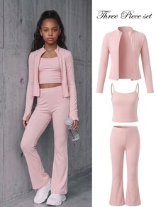 SHEIN Tween Girls Fall Outfits 3pcs/Set Girly Pink S Set, Stand Collar Jacket + Camisole + Flared Pants, Chic, Graduation, Layered, Gym - Pink - View 2