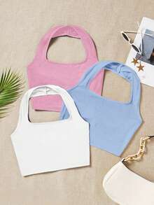 SHEIN EZwear 3pcs Women Casual Cropped Halter Neck Camisole Tops, Suitable For Summer Croptops 3 Pack Tops Halter Tops Pastel Tops,Summer Top - Multicolor - View 9