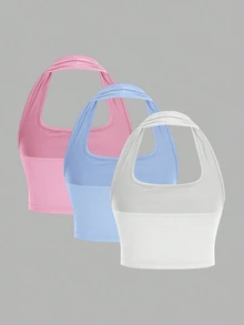 SHEIN EZwear 3pcs Women Casual Cropped Halter Neck Camisole Tops, Suitable For Summer Croptops 3 Pack Tops Halter Tops Pastel Tops,Summer Top - Multicolor - View 2