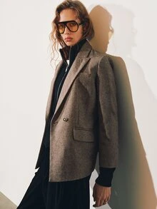 MOTF PREMIUM FRENCH MINIMALIST BLENDED WOOL TWEED OVERSIZED BLAZER - Camel - View 3