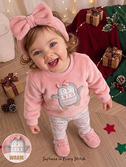 Cozy Pixies 2pcs Kids Baby Girl Casual Daily Comfortable Plush Applique Embroidery Round Neck Pullover Long Sleeve Sweatshirt And Printed Long Pants Plush Sweatshirt Set