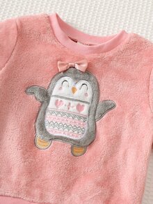 Cozy Pixies 2件組女嬰童休閒日常舒適毛絨刺繡圓領套頭長袖衛衣與長秋季長褲毛絨衛衣套裝 - 粉色 - 查看 3