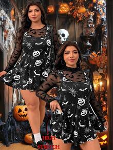SHEIN EZwear 大尺碼女款全印花休閒日常穿搭連身褲萬聖節 - 黑與白 - 查看 1