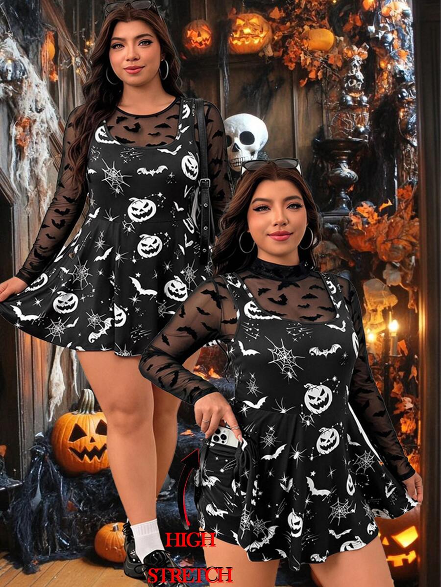 SHEIN EZwear 大尺碼女款全印花休閒日常穿搭連身褲萬聖節 - 黑與白 - 查看 1