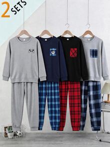 Genkimix Kids 2套男童青少年居家休閒套裝，純色貼袋長袖上衣搭配格紋長褲，柔軟針織面料，親膚舒適（2套分開銷售） - 彩色 - 查看 1