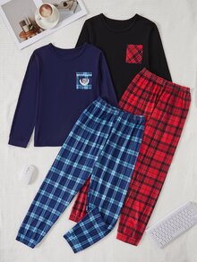 Genkimix Kids 2套男童青少年居家休閒套裝，純色貼袋長袖上衣搭配格紋長褲，柔軟針織面料，親膚舒適（2套分開銷售） - 彩色 - 查看 4