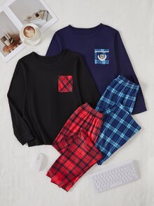 Genkimix Kids 2套男童青少年居家休閒套裝，純色貼袋長袖上衣搭配格紋長褲，柔軟針織面料，親膚舒適（2套分開銷售） - 彩色 - 查看 3