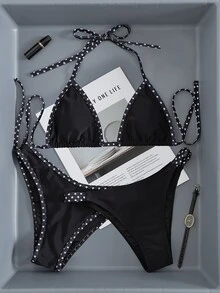 Swim Vcay 女士泳装套装，时尚波点印花饰边，露背设计，细肩带，系带腰身，三角泳裤，沙滩休闲款 - 黑色 - 查看 2