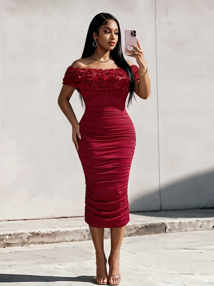 bodycon dark red dress Eryvara Women's Solid Color Ruched Fitted Tube Ruched Dress Off Shoulder Bodycon Dress Sexy Dress Women Red Wine Dress Red Bodycon Maxi Dress maroon bodycon dress