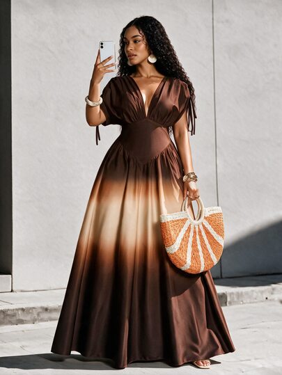 Eryvara Women Elegant Ombre Print Tie Bow V-Neck A-Line Maxi Dress,All Shades Of Brown,Summer,Tropical,Vacation,Holiday,Boho Wedding Guest Outfit
