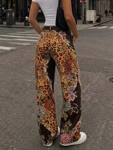 SHEIN Tall 女款休閒日常外出牛仔褲，附口袋、鈕扣與花卉圖案 - 彩色 - 查看 2