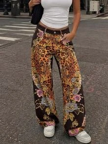 SHEIN Tall 女款休閒日常外出牛仔褲，附口袋、鈕扣與花卉圖案 - 彩色 - 查看 6