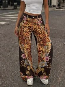 SHEIN Tall 女款休閒日常外出牛仔褲，附口袋、鈕扣與花卉圖案 - 彩色 - 查看 3