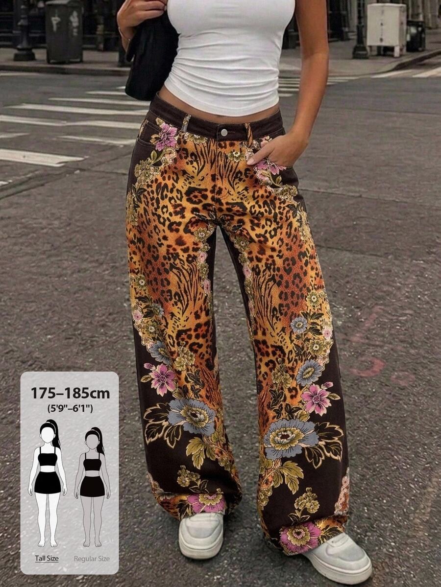 SHEIN Tall 女款休閒日常外出牛仔褲,附口袋、鈕扣與花卉圖案 - 彩色 - 查看 1