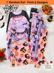 1套女童幼兒甜美可愛優雅休閒日常舒適親膚針織高彈緊身面料萬聖節夢幻酷炫俏皮活潑幽靈南瓜小貓卡通印花多色圓領長袖上衣與長褲睡衣家居服2件套 - 彩色 - 查看 7