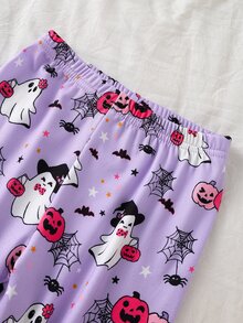 1套女童幼兒甜美可愛優雅休閒日常舒適親膚針織高彈緊身面料萬聖節夢幻酷炫俏皮活潑幽靈南瓜小貓卡通印花多色圓領長袖上衣與長褲睡衣家居服2件套 - 彩色 - 查看 4