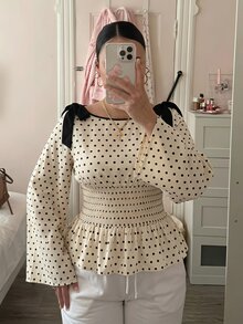 SHEIN MOD 大尺碼波點蝴蝶結前綁帶荷葉邊下擺襯衫 秋季 - 杏色 - 查看 10