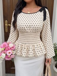 SHEIN MOD 大尺碼波點蝴蝶結前綁帶荷葉邊下擺襯衫 秋季 - 杏色 - 查看 11