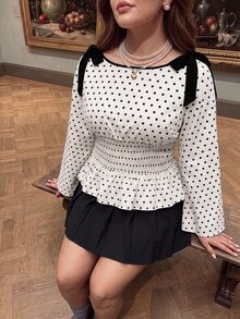 SHEIN MOD 大尺碼波點蝴蝶結前綁帶荷葉邊下擺襯衫 秋季 - 杏色 - 查看 4
