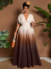 Eryvara Women Ombre Print V-Neck A-Line Maxi Dress,All Shades Of Brown,Summer,Tropical,Holiday,Tea Party,Vacation,Holiday Wedding Guest Graduation Boho Outfit - Brown - View 5