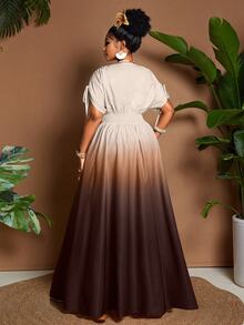 Eryvara Women Ombre Print V-Neck A-Line Maxi Dress,All Shades Of Brown,Summer,Tropical,Holiday,Tea Party,Vacation,Holiday Wedding Guest Graduation Boho Outfit - Brown - View 2