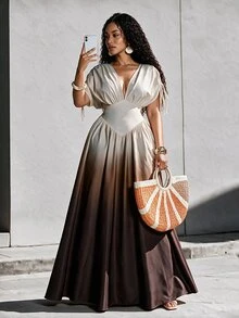 Eryvara Women Ombre Print V-Neck A-Line Maxi Dress,All Shades Of Brown,Summer,Tropical,Holiday,Tea Party,Vacation,Holiday Wedding Guest Graduation Boho Outfit - Brown - View 1