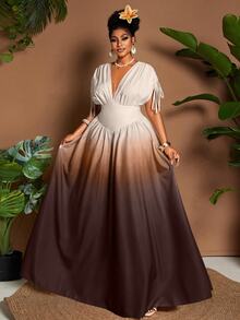 Eryvara Women Ombre Print V-Neck A-Line Maxi Dress,All Shades Of Brown,Summer,Tropical,Holiday,Tea Party,Vacation,Holiday Wedding Guest Graduation Boho Outfit - Brown - View 4
