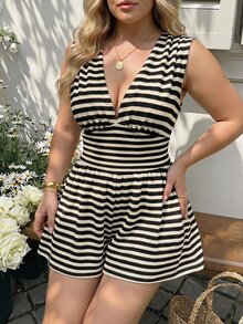 SHEIN MOD رومبير نسائي مقاس كبير مخطط بياقة V عميقة مثير بدون أكمام - الأسود - مشاهدة 10