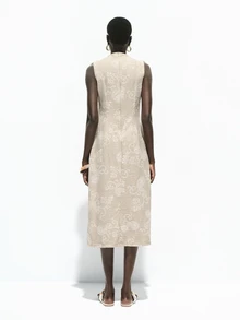 SHEIN Women's Elegant City Commute & Vacation Sleeveless Ruched Faux Embroidered Paisley Print Maxi Fitted Dress, Summer - Khaki - View 8
