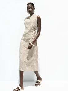 SHEIN Women's Elegant City Commute & Vacation Sleeveless Ruched Faux Embroidered Paisley Print Maxi Fitted Dress, Summer - Khaki - View 5