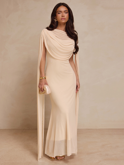 SHEIN Glamour Women's Apricot Mesh Knit Cowl Neck Backless Sexy Fashion Dress, Elegant Party Versatile Dress