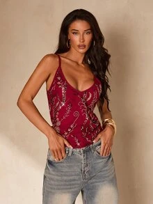 Glamine 女款細肩帶露背印花上衣，性感夜店穿搭，性感萬聖節服裝，聖誕節、演唱會女裝 - 酒紅色 - 查看 7