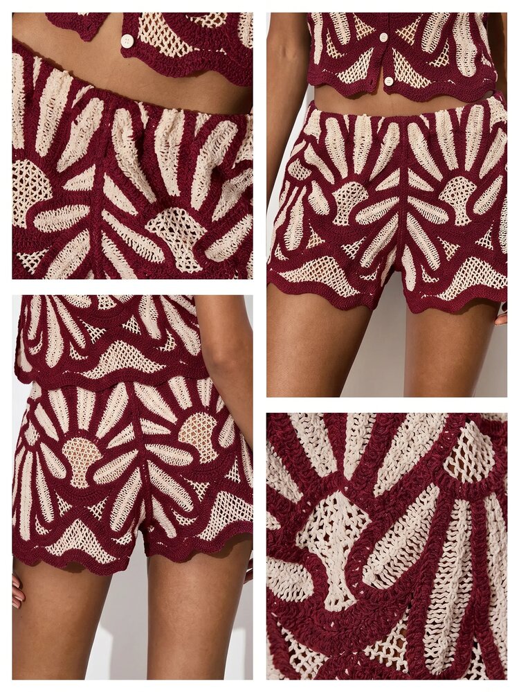 Maija Women's Colorblock Crochet Hollow Design Knitted Shorts Vacation Beach Vacation Burgundy Autumn Tropical Sexy Tropical Boho - Burgundy - View 3