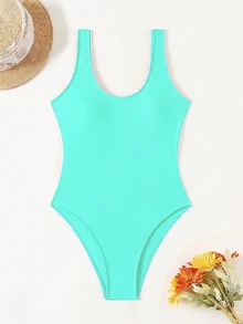 SHEIN Swim 女士纯色简约连体泳衣，优雅亮色沙滩度假休闲百搭连体泳衣 - 青碧色 - 查看 2