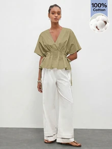 MAIJA 夏季波西米亞風休閒優雅橄欖綠荷葉邊下擺泡泡袖上衣，適合早午餐、度假、辦公室穿著 - 軍綠色 - 查看 6