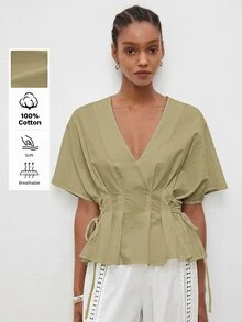 MAIJA 夏季波西米亞風休閒優雅橄欖綠荷葉邊下擺泡泡袖上衣，適合早午餐、度假、辦公室穿著 - 軍綠色 - 查看 7