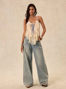 Easelle 女款夏季性感蕾絲拼接花卉印花細肩帶背心 - 彩色 - 查看 3