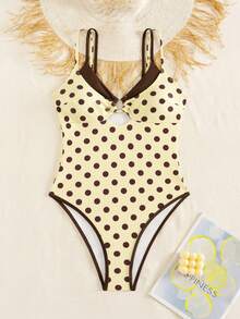 Swim Mod Spring/Summer Women's One-Piece Plaid Swimsuit With Spaghetti Strap For Beach Vacation - Yellow - View 3