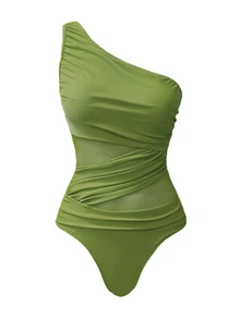 Swim Oasis 2pcs/Set Monokini Wanita Satu Potong Warna Polos dengan Detail Kerut dan Sarung Bermotif - Mint Green - View 4