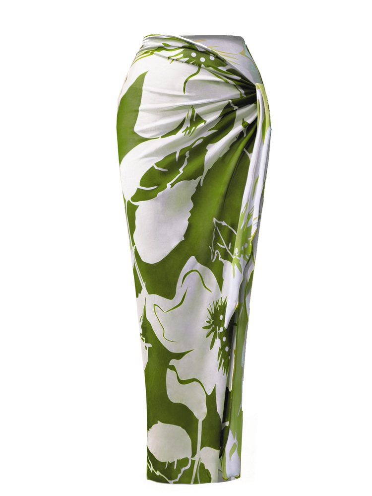 Swim Oasis 2pcs/Set Monokini Wanita Satu Potong Warna Polos dengan Detail Kerut dan Sarung Bermotif - Mint Green - View 3