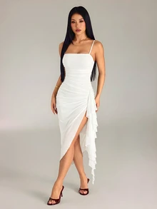 SHEIN PETITE 2026年女款春夏優雅復古黑色百褶荷葉邊不對稱下擺洋裝 - 白色 - 查看 5