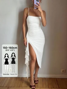 SHEIN PETITE 2026年女款春夏優雅復古黑色百褶荷葉邊不對稱下擺洋裝 - 白色 - 查看 6