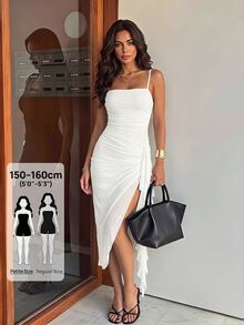 SHEIN PETITE 2026年女款春夏優雅復古黑色百褶荷葉邊不對稱下擺洋裝 - 白色 - 查看 4